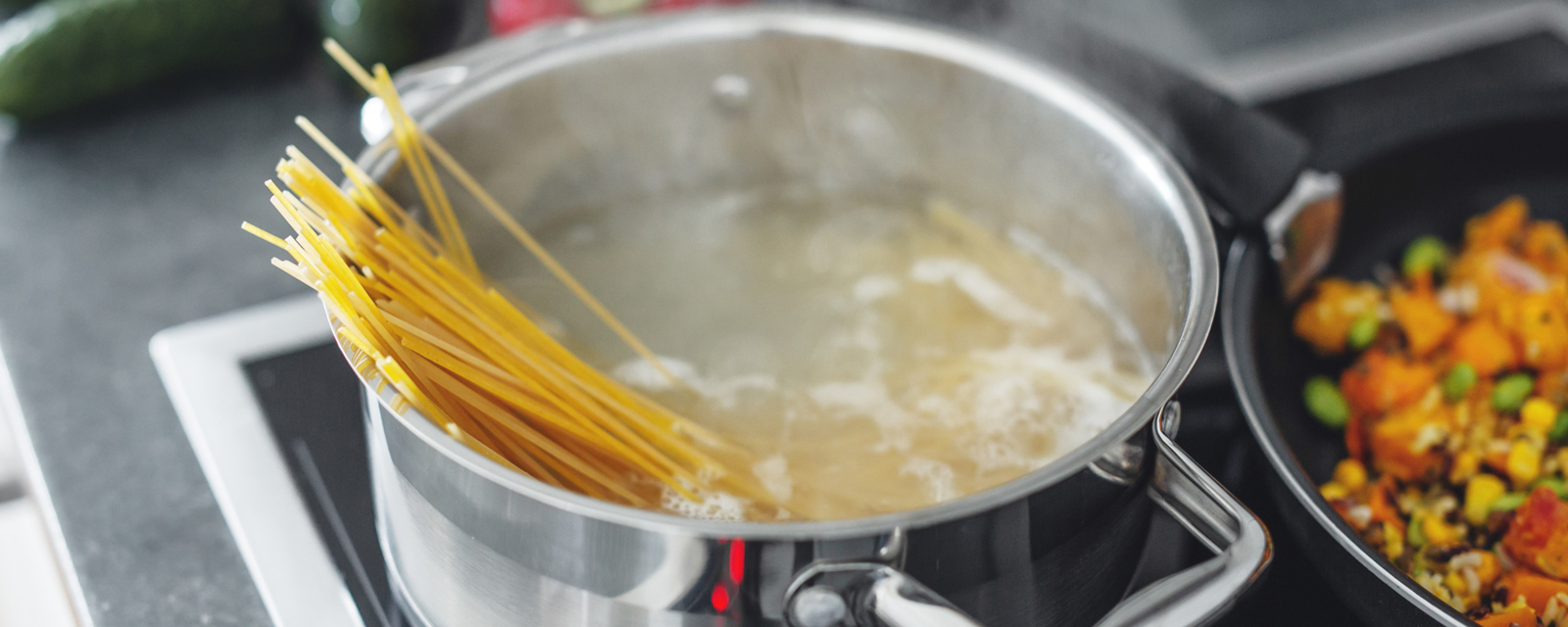 Boiling Pot With Cooking Spaghetti Pasta Kitchen Closeup