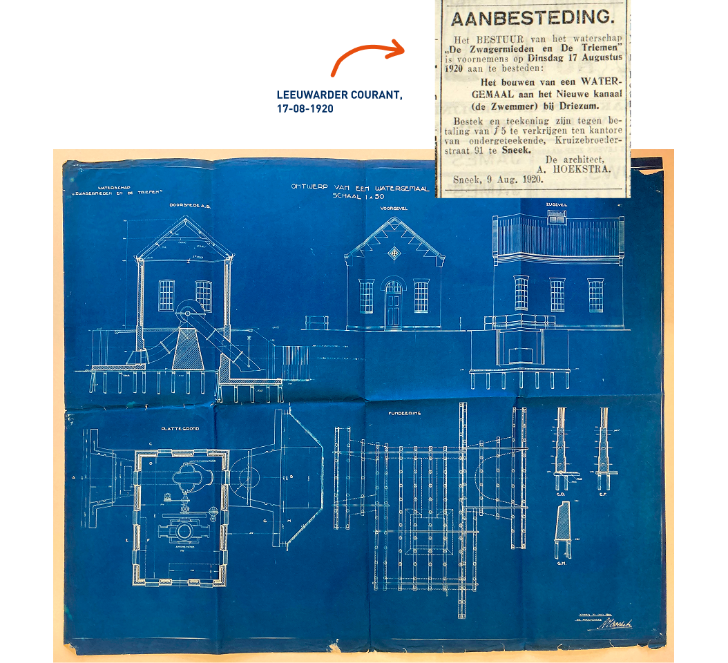 Op de foto is de blauwdruk van het watergemaal te zien uit 1920